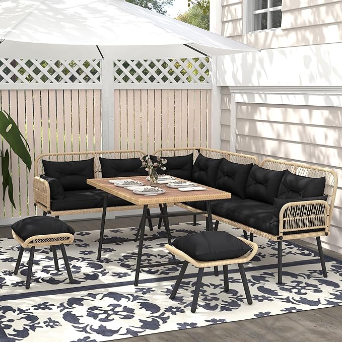 YITAHOME L-Shaped Patio Furniture Set, All-Weather Rattan Outdoor Conversation Sofa with Soft Cushions, Ottomans & Plastic Wood Dining Table for Backyard Deck, Light Brown + Black