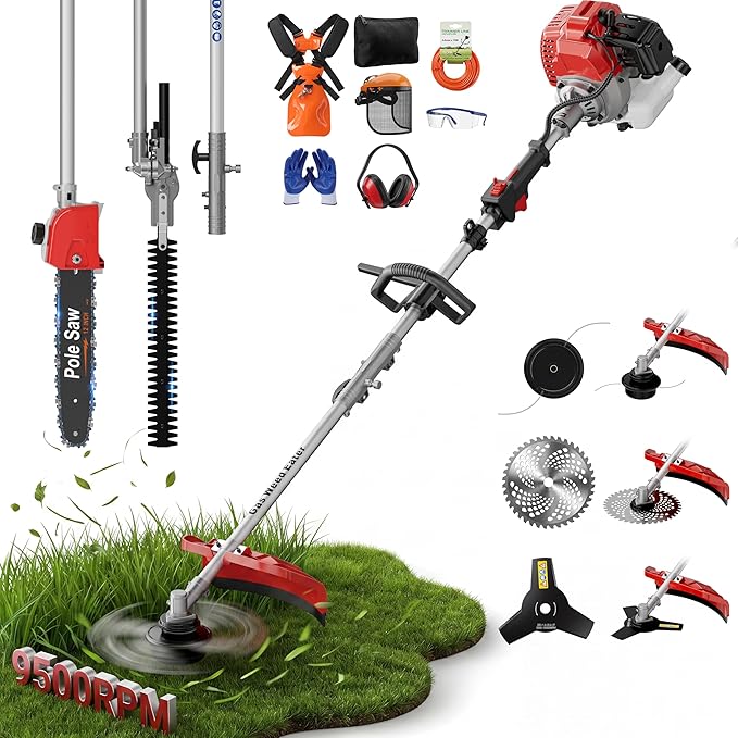 5-in-1 Gas Powered Weed Wacker - 52cc 2-Cycle String Trimmer, Brush Cutter, Pole Saw & Hedge Trimmer Multi-Tool with Extension Pole - Heavy Duty Gas Weed Eater for Professional Yard Care(G455)