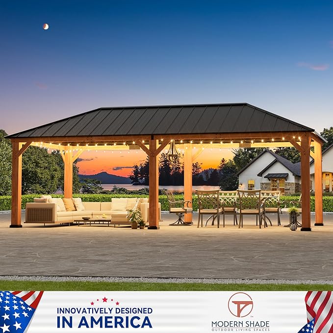 Modern Shade Tranquil Grove Wood Gazebo 12' x 24', Hardtop Gazebo Permanent with Galvanized Steel Roof, Cedar Outdoor Gazebo with Sturdy Hooks for Garden, Backyard, Patio and Deck