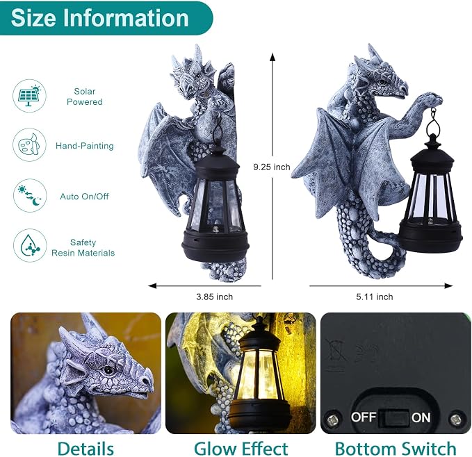 Goodeco Dragon Tree Hugger Solar Lantern Garden Statue - 9.3 Inch Resin Dragon Decor for Outdoor, Perfect Garden Gift & Yard Decor