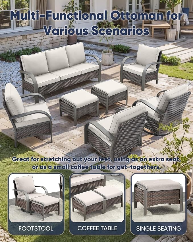 HUMMUH Swivel Rocker Outdoor Chair-High Back Patio Chairs with Ottoman Outdoor Conversation Furniture Sets for Deck Porch Garden Poolside Backyard-Brown/Beige