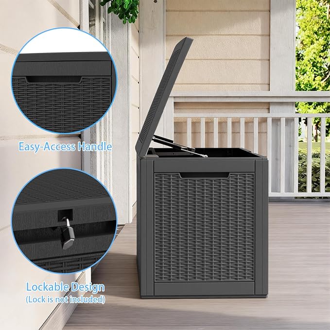 Pepe Tee Waterproof Resin Deck Box, Outdoor Storage Bin for Patio Furniture Cushions, All-Weather Garden Organizer & Seating Bench, Black