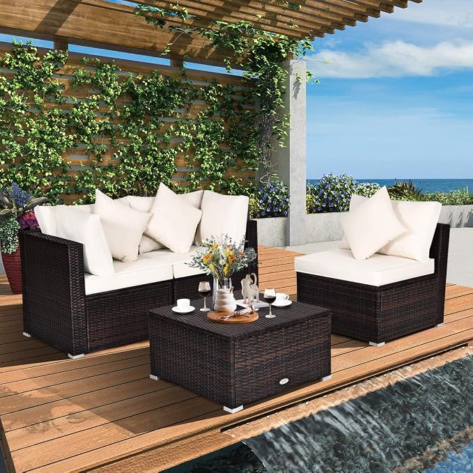 Tangkula 4 PCS Patio Rattan Sofa Set, Outdoor Wicker Sectional Furniture Set, Patio Conversation Set with Removable Cushions & Pillows for Backyard Porch Garden Poolside Balcony (White)