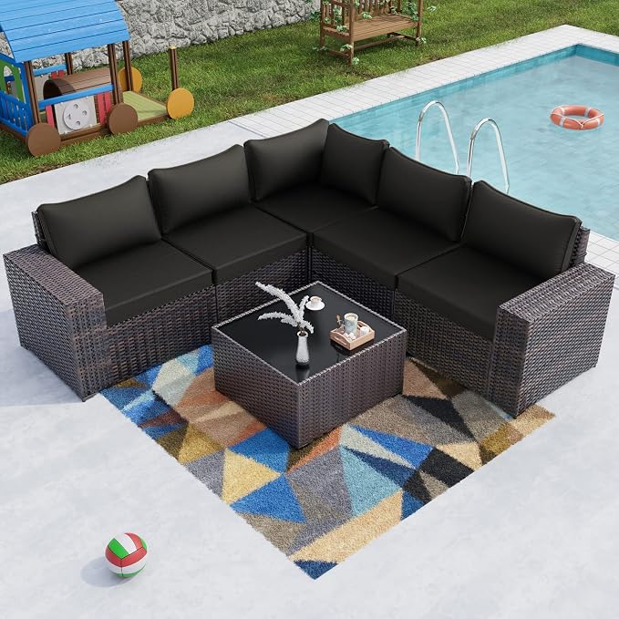 Kullavik Outdoor Patio Furniture Set 6 Pieces Sectional Rattan Sofa Set Brown PE Rattan Wicker Patio Conversation Set with 5 Seat Cushions and 1 Tempered Glass Table,Black