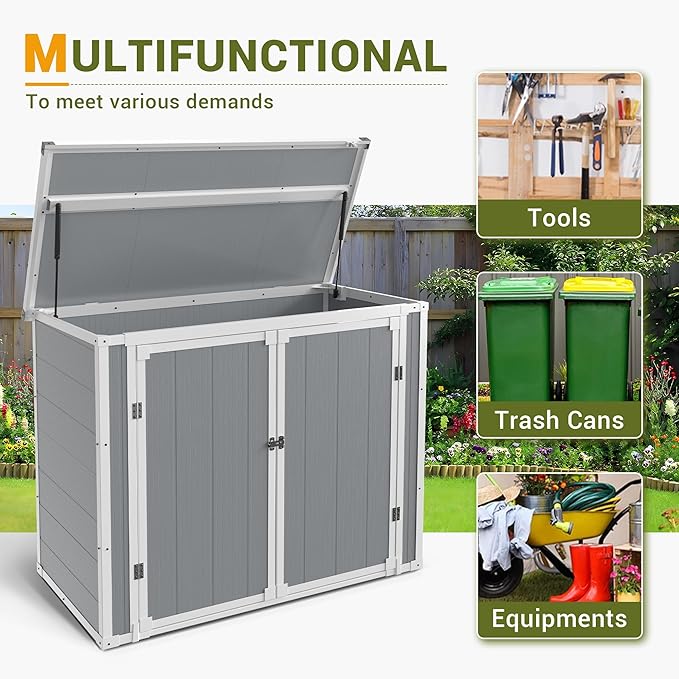 Storage Shed Outdoor Resin Shed Plastic Garden Shed with Floor Waterproof Horizontal Storage Deck Box Outside Storage Container with Lockable Door for Patio