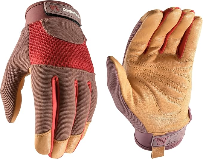 Wells Lamont Women's Breathable ComfortHyde Leather Hybrid Work Gardening Gloves, Small (7872S), Red