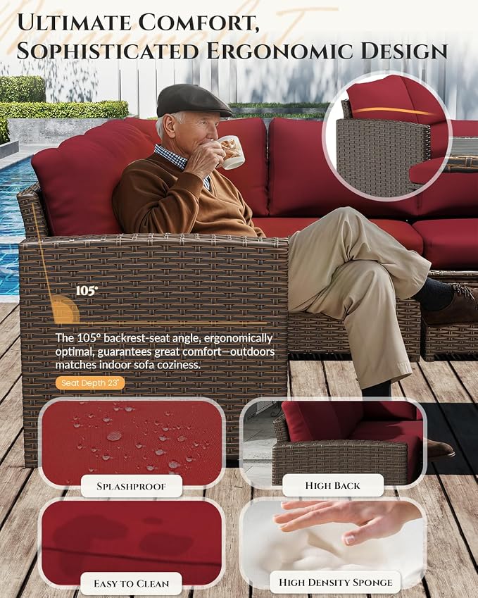 U-MAX 7 Pieces Patio Furniture Set, Outdoor Sectional Sofa Conversation Set, All Weather Wicker Rattan Dining Table & Chair with Ottoman, Brown Rattan&Wine Red Cushion
