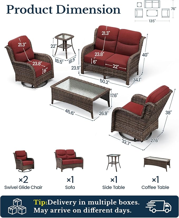 HILLGA Luxury Outdoor Patio Furniture Set with 6-Inch Thick Cushions,High Back Wicker Swivel Rocker Chairs, 5 Pcs All Weather Conversation Set for Large Deck, Yard and Poolside, Burgundy (V3)
