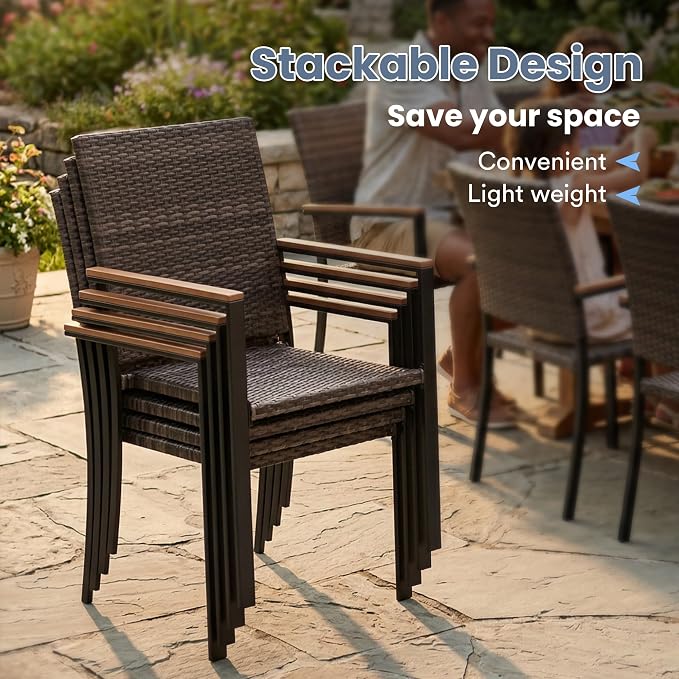 VICLLAX Patio Dining Set for 4, 40.7" Walnut Round Table & Rattan Chairs