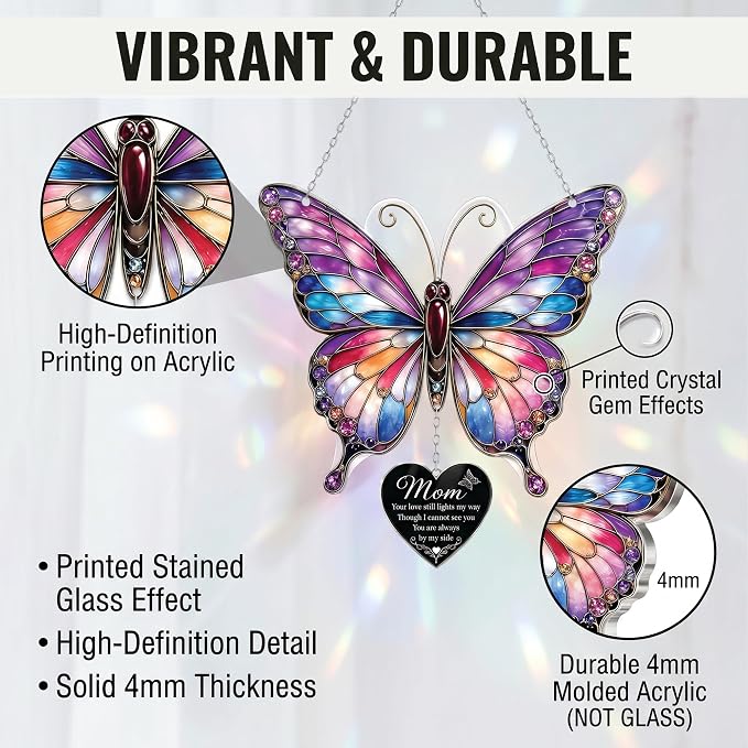 Butterfly 4 inch Suncatcher Memorial Gifts for Loss of Mom, Mother Memorial Gift, in Memory of Mom Gifts, Remembrance Gifts for Loss of Loved One, Memorial Keepsake Sympathy Gift