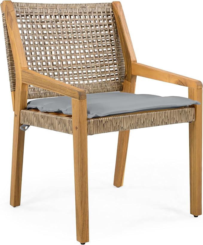 Christopher Knight Home Palin Wooden Patio Dining Set for 6, Acacia Wood Outdoor Dining Table Set for 6, 7 Piece Outdoor Dining Set with Rectangular Table and Armchair with Seat Cushion, Grey + Teak