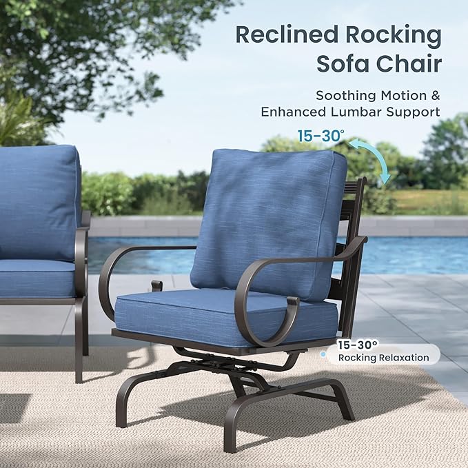 PHI VILLA Patio Furniture Set, 3-Seater Sofa, 2 Rocking Chairs and a 45" Fire Pit Table, Outdoor Metal Conversation Set with 5.75" Extra Thick Cushion for Garden Backyard Deck, Navy