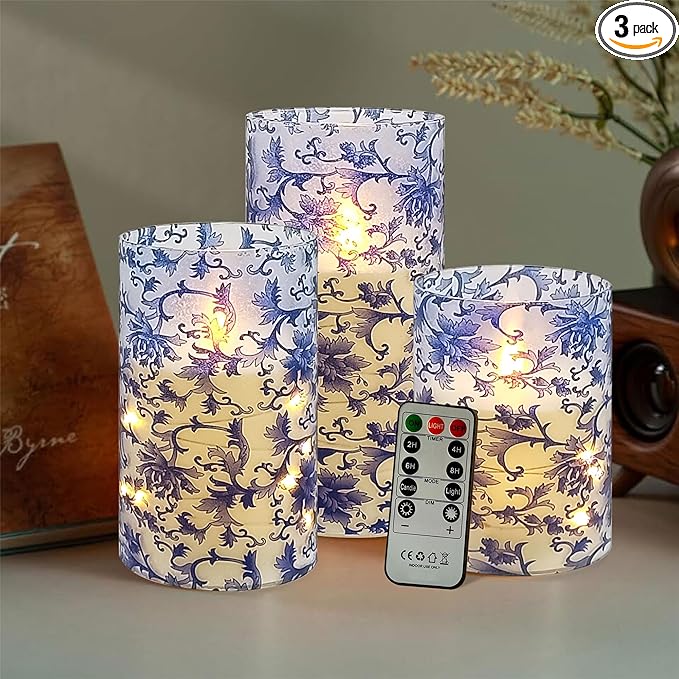 Floral Flameless LED Pillar Candles with String Lights, 3pcs Blue and White Battery Operated Flickering Candles with Timer Remote,Chinese Porcelain Style Candle for Wedding Mother's Day Home Decor