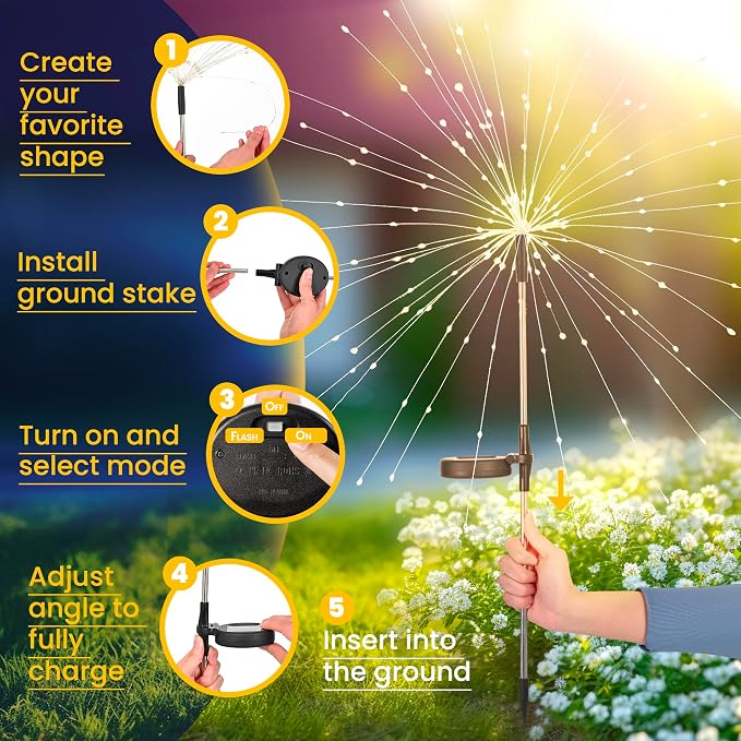 GIGALUMI 6 Pack Solar Firework Lights Outdoor, Garden Decor, Warm White | 120 LEDs, Fairy Design, Waterproof, Garden Decor, Solar Powered for Yard, Pathway, Flowerbed, Planter, Balcony, Gifts for Mom
