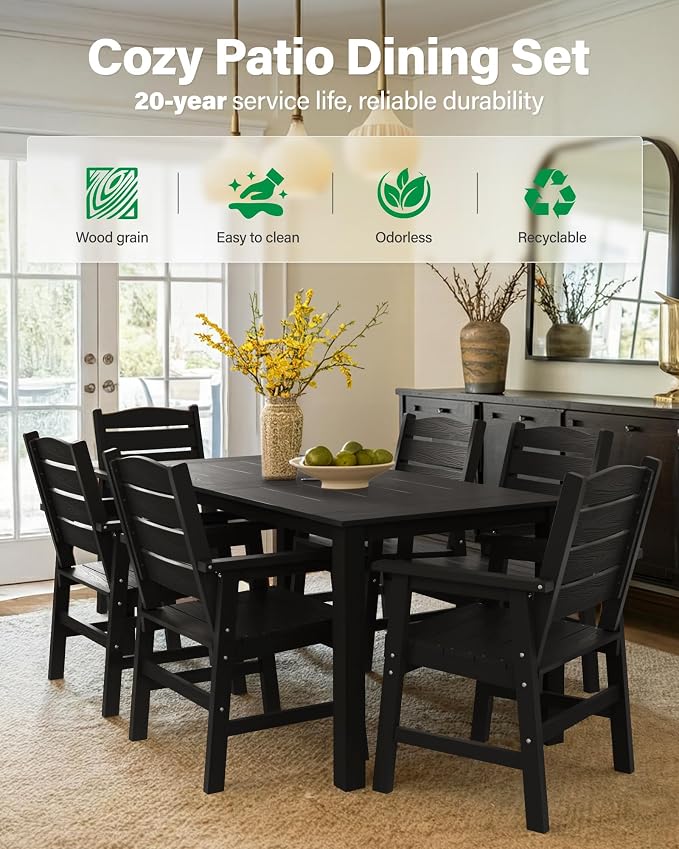 YEFU Patio Dining Sets HIPS: 5-Piece Outdoor Table and Chairs with Umbrella Hole - All-Weather Plastic Patio Dining Set for 4 Modern Furniture with Metal Aluminum Frame for Family with Deck/Pool Black