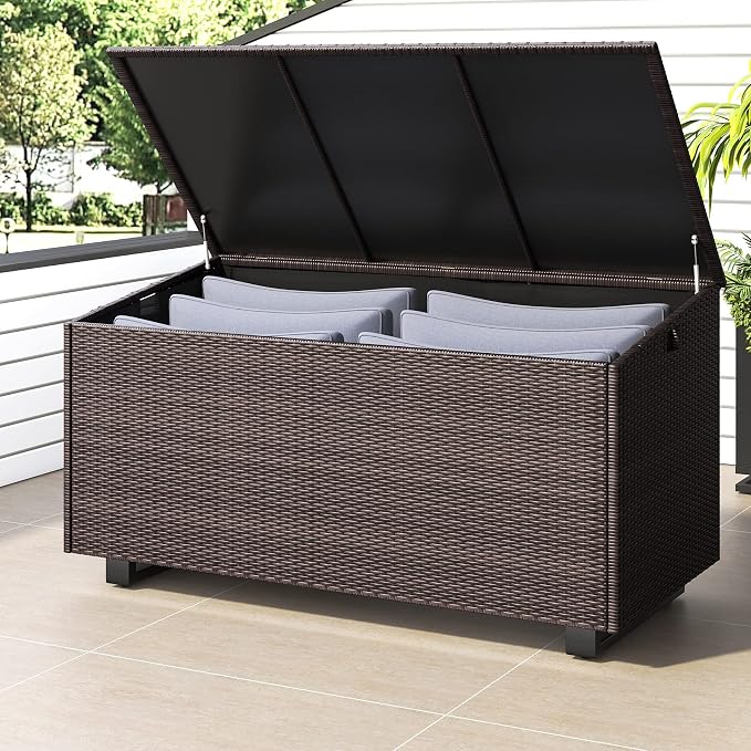 Lepus Large Outdoor Waterfroof Deck Box, 210 Gallon Rattan Deck Storage Box with Built-in Waterproof Bag for Seat Cushion on Patio Garden, Poolside (210, Brown)