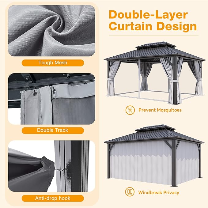 12x16FT Hardtop Gazebo, Metal Frame with Double Galvanized Steel Roof, Permanent Outdoor Pergola with Curtains and Netting Included for Backyard, Patio, Lawn and Garden, Gray