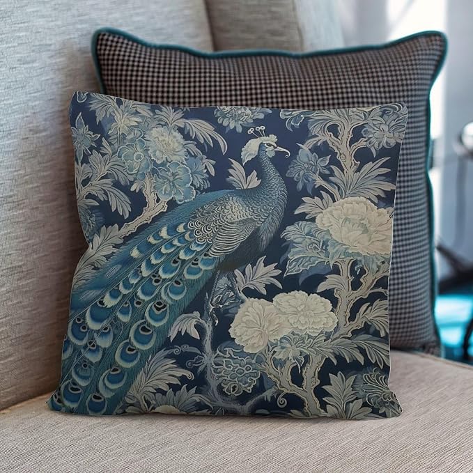 Blue Peacock Chinoiserie Throw Pillow Covers Blue Grey Asian Flower Throw Pillow Cover Classic Modern Decorative Pillow Covers for Patio Furniture Porch 24x24 in