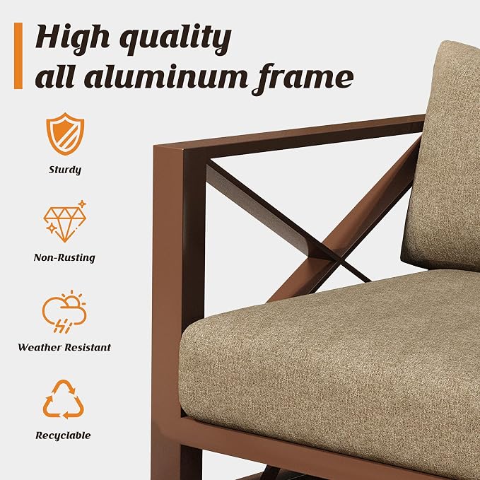 Aluminum Outdoor Patio Furniture Set with 43" Fire Pit Table, 7-Piece Outdoor Sectional with 5.2" Thick Cushions, Patio Conversation Sets for Backyard,(Brown,6 Seats)