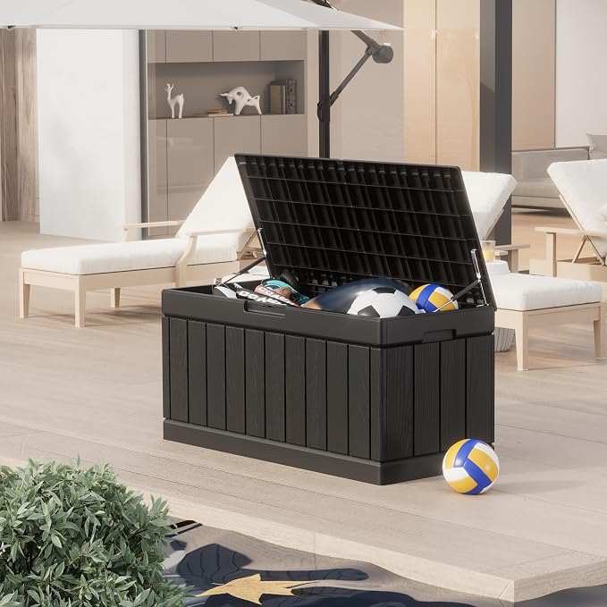 Greesum 82 Gallon Resin Deck Box, with Hydraulic Rod, Large Outdoor Storage for Patio Furniture, Garden Tools, Pool Supplies, Weatherproof, Lockable, Black