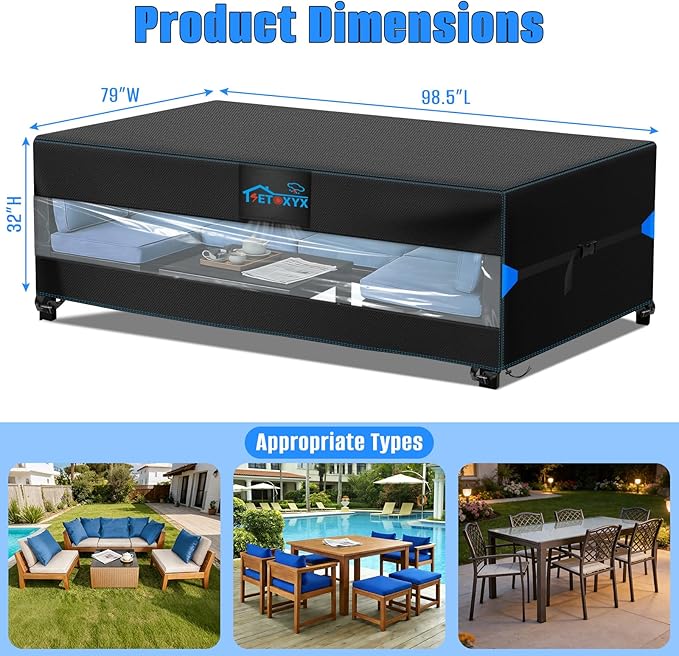 Patio Furniture Covers,Rectangular Outdoor Furniture Set Cover for Table and Chairs, 600D Oxford Translucent Design Patio Sectional Set Cover(98" L x 79" W x 31.9" H)