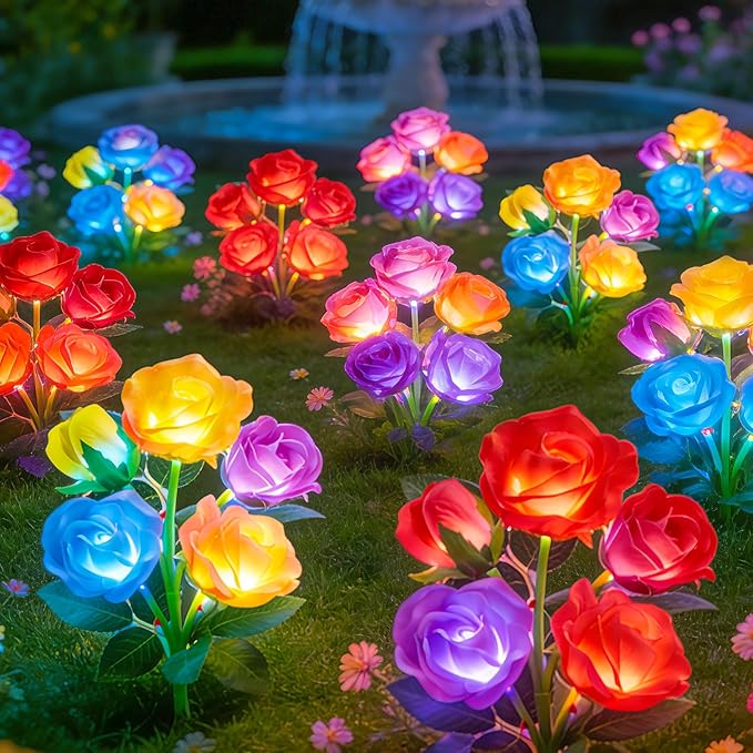 ANGMLN Solar Garden Lights, 6 Pack Solar Flower Lights Outdoor Waterproof with 30 Head Realistic Rose 7-Color Changing Landscape Light for Garden Yard Pathway Patio Grave Cemetery Decoration