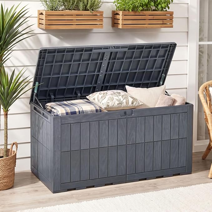 HAPPYGRILL 120 Gal Outdoor Deck Box, Lockable Storage Bin with Lid and Handles, Waterproof and Sun-Protective Patio Bench and Storage Box for Garden Tools Pool Supplies (Gray, 120Gallon)