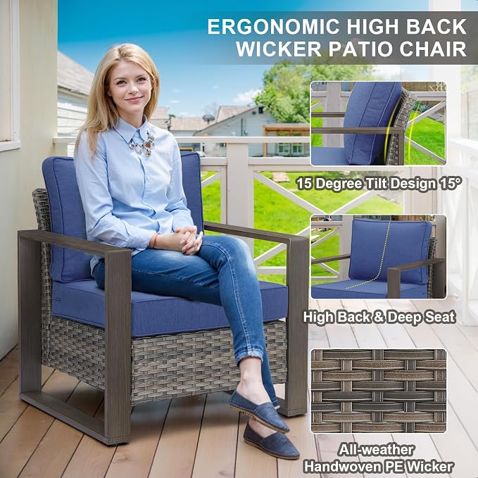 Belord 5 Piece Outdoor Wicker Patio Conversation Furniture Set Deep Seating, Metal Wide Armrests Patio Sofa Set with Rattan Chairs Ottomans for Porch Deck Sunroom Backyard