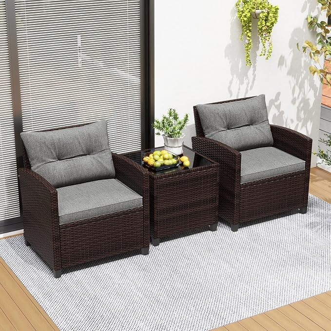 ORALNER 3 Pieces Patio Furniture Set, Outdoor Wicker Conversation Set Rattan Chairs with Cushions, Glass Coffee Table, Bistro Set for Front Porch Balcony Garden Deck Poolside (Grey)