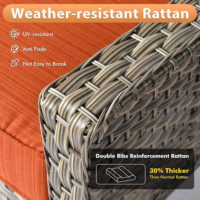 9 PCS Outdoor Patio Furniture Sets,Patio Conversation Sets Outside Rattan Soft Cushion Sofa with 2 Wicker Rocking Chairs & 54 in Fire Pit Table Fit Backyard Garden Poolside Balcony,Coarse Stripes Red