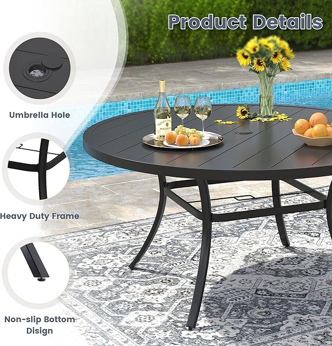 VICLLAX 9 Pieces Patio Outdoor Dining Set, 53" Round Metal Table with Umbrella Hole and 8 Stackable Textilene Chairs for Patio, Lawn, Garden, Porch, Black/Grey