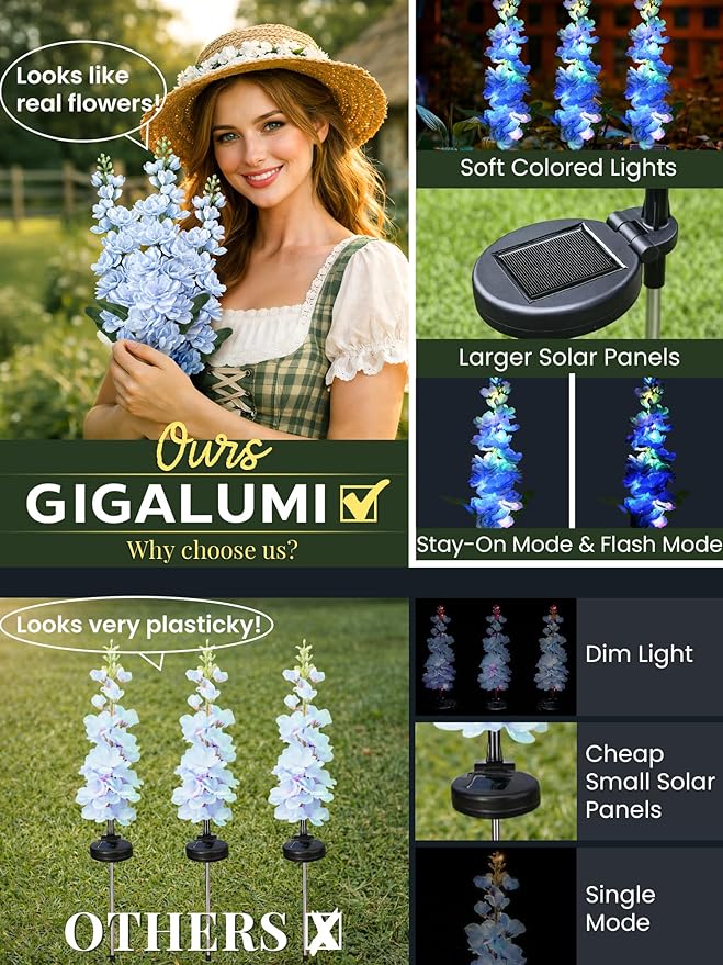 GIGALUMI Solar Lights Outdoor for Garden Decor, 3 Pack Solar Flower Lights Waterproof, 2 Lighting Modes Delphinium for Pathway,Yard, Patio Decoration, Gardening Gifts for Women (Blue)