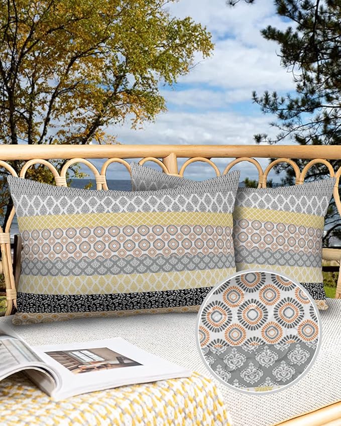 Outdoor Waterproof Throw Pillow Covers Set of 2 Yellow Boho Stripe Tribal Vingtage Lumbar Pillowcases 20x12 Inches Bohemian Style Decorative Pillows Cushion Case Patio Pillows for Couch Bed Garden
