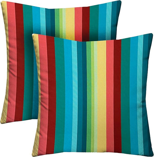 RSH Decor Square Throw Pillows Set of 2, 17x17 Inch Decorative Pillows for Couch, Water-Resistant Patio Furniture Pillows, All-Weather Spun Fabric, Braymont Multi Color Stripe - Made in USA
