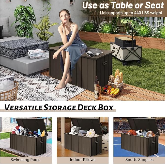 190 Gallon Metal Deck Box, Waterproof Galvanized Steel Outdoor Storage Cabinet, Lockable Storage Bench with Hydraulic Pistons, Rolling Wheels for Patio, Pool, Backyard