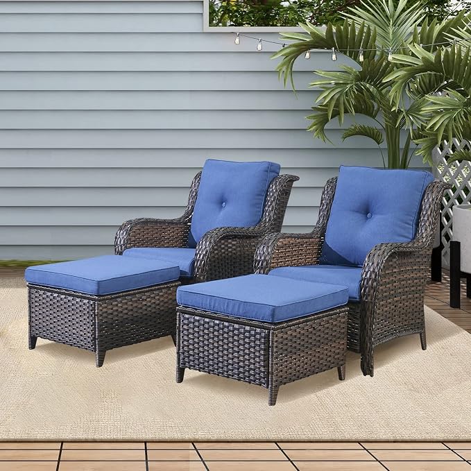Rilyson Luxury 4 Pieces Patio Wicker Furniture Ottomans, Wicker Patio Chairs Set of 2 with Ottoman, Rattan Outdoor Porch Chair with Thick Cushion for Balcony Deck Yard and Porch (Brown/Blue)