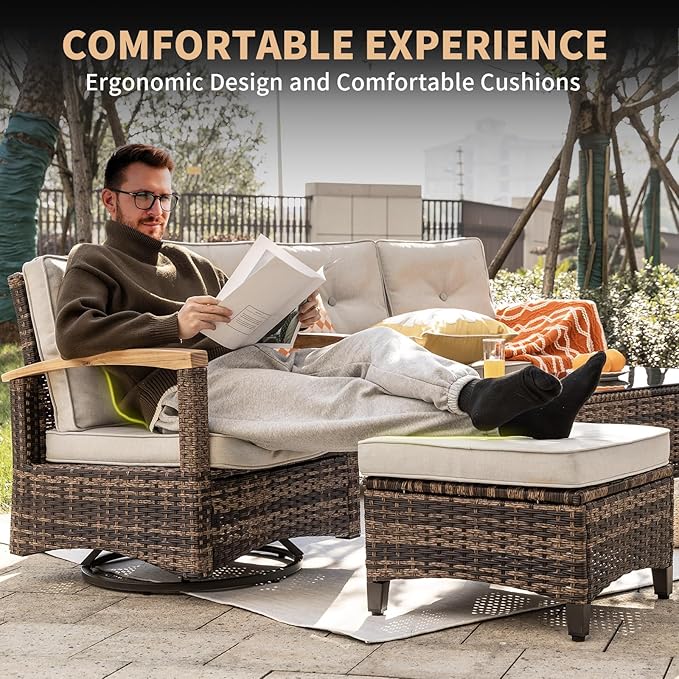 MEISSALIVVE 7 Pieces Outdoor Patio Furniture Sets, Wicker Patio Conversation Sets with 2 Wood Armrests Swivel Glide Chairs, Outdoor Couch for Deck Yard and Poolside (Beige)