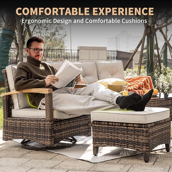 MEISSALIVVE 6 Pieces Patio Furniture Sets,Wicker Patio Conversation Sets with 2 Wood Armrests Swivel Glide Chairs, 2 Ottomans for Deck Yard and Poolside (Beige)