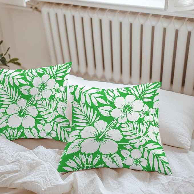 Green Hibiscus Flowers Waterproof Outdoor Pillow Covers Set of 2 Home Decor, Tropical Monstera Leaves Pillowcase Patio Pillow Covers for Couch Bench Patio Furniture Garden 18x18in