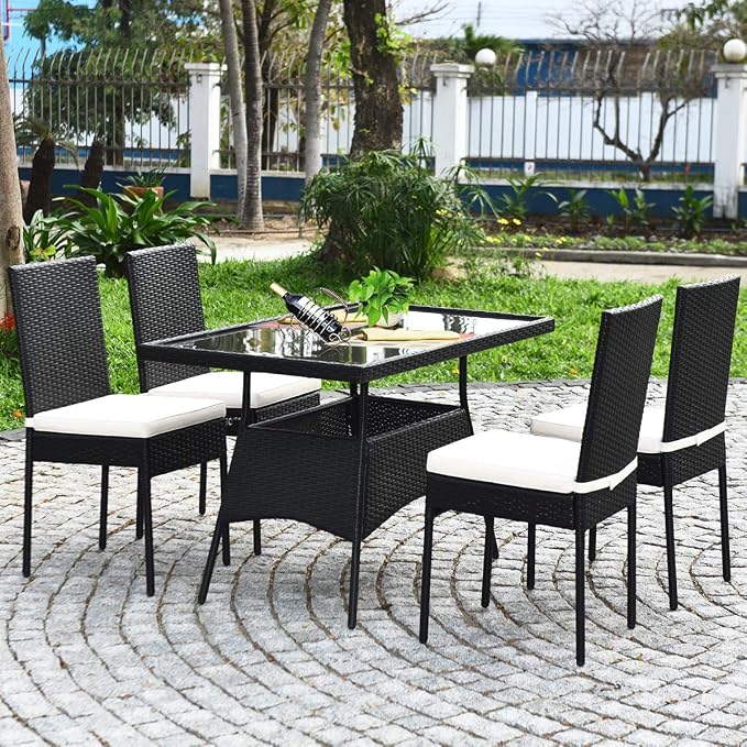 5 Pieces Patio Wicker Dining Set Outdoor Furniture, Outdoor Rattan Table and Chairs with Tempered Glass Table-top & Padded Cushions, Patio Furniture Sets for Backyard, Balcony (Black)