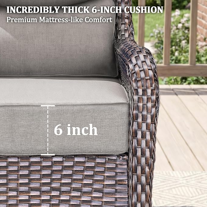 Luxury Swivel Rocker Chairs Fire Pit Set with 6" Thick Cushion 9 piece Wicker Outdoor Patio Chair with Sofa and Side Table,Comfortable High Back Outdoor Patio Furniture Set - Brown | Gery