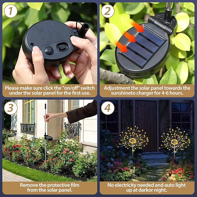 DONGULI Outdoor Solar Garden Lights, 120 LEDs 8 Lighting Modes Waterproof Solar Fireworks Light Sparklers for Patio Walkway Yard Courtyards Pathway Christmas Party Decorations, Colorful(4 Pack)