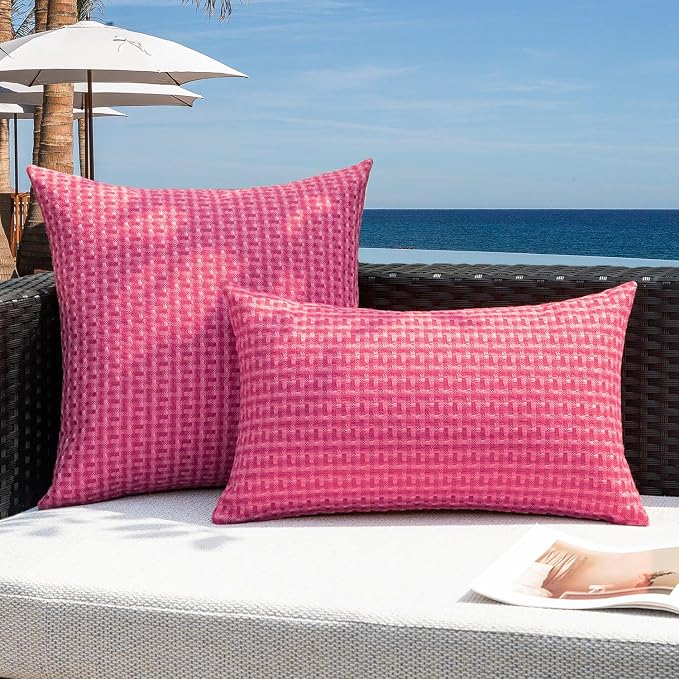 Kevin Textile Outdoor Waterproof 24"x24" Pillow Covers 2 Pack, Hot Pink | Water Resistant Weaving Faux Linen Texture Throw Pillow Covers, Outside Decorative Pillowcases for Garden Patio Balcony Couch
