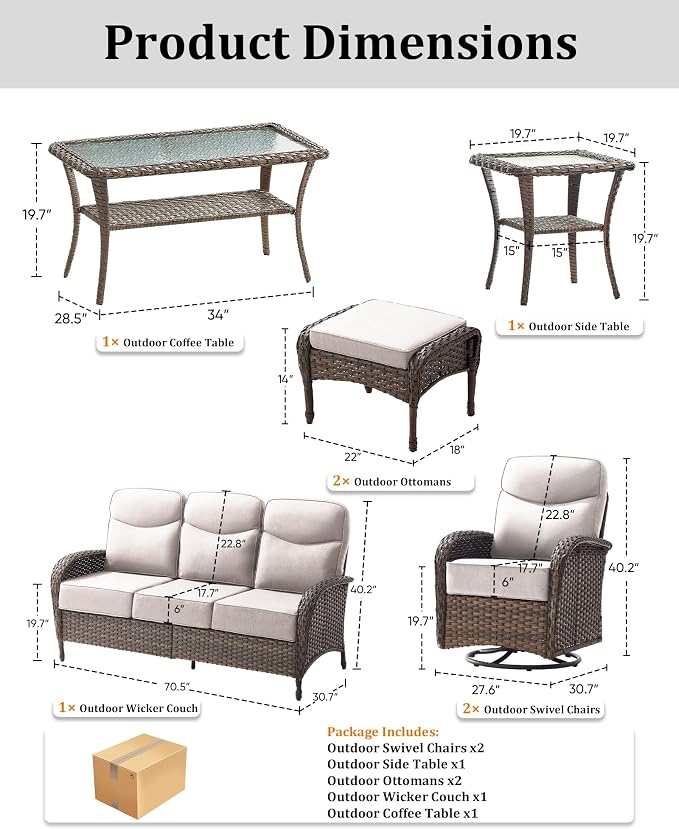 7-Piece Luxury Patio Furniture Set with 6-Inch Thick Cushions, High-Back Outdoor Sofa & Swivel Rocking Chairs w/Wicker Coffee Table, All-Weather Conversation Set for Porch, Deck, Yard – Beige