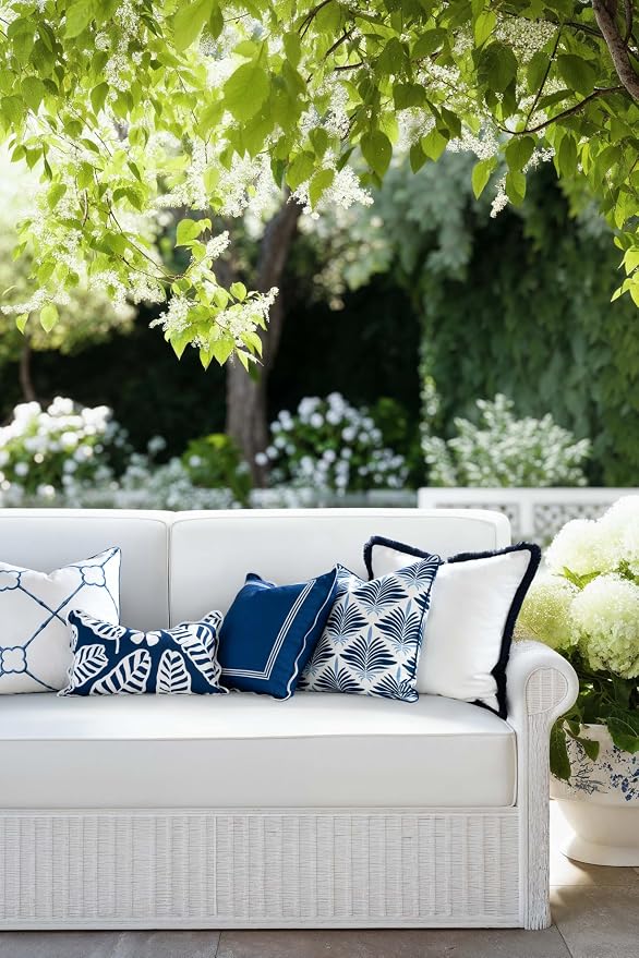 Hofdeco Premium Coastal Hampton Patio Indoor Outdoor Lumbar Pillow Cover Only, 12"x20" Water Repellent for Backyard, Couch, Poolside, Navy Blue Print Palm Leaves and Hisbucs Flowers
