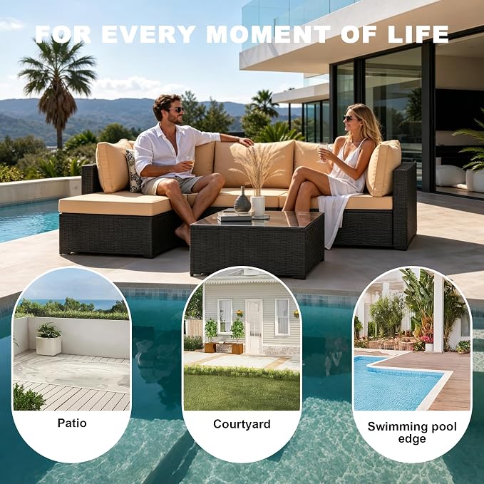 5 Piece Patio Furniture Sets, Outdoor Patio Set Sectional Sofa, All-Weather PE Rattan Couch with Cushion, Glass Table for Gatherings, Parties, Sports Viewing (Khaki, 5-Piece Set)