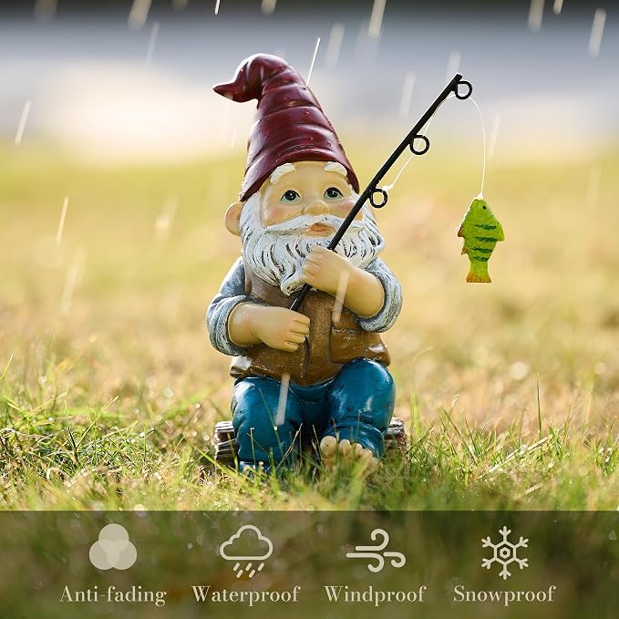 TERESA'S COLLECTIONS Resin Outdoor Statues for Garden Decor, Garden Gnome with Fishing Pole Funny Decorations for Outside, Yard Gnome Decor for Patio Lawn Ornaments, Ideal Gift for Women and Man, 6"