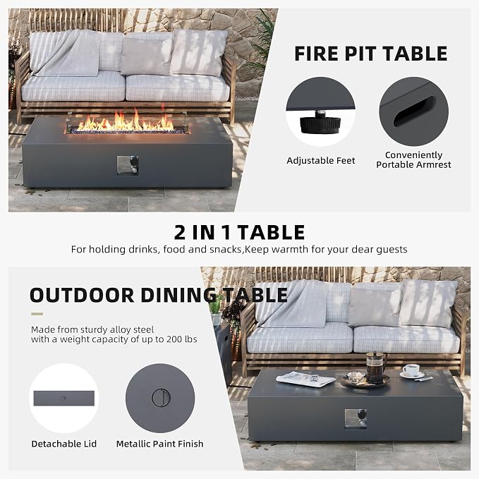 UPHA 9 Pieces Patio Furniture Sets, Wicker Outdoor Sectional Sofa Couch with Rectangle Propane Pit for Deck Backyard Garden, Brown Rattan, Navy Blue Cushion