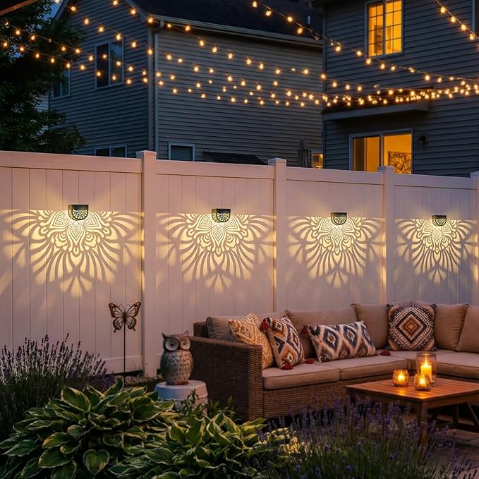 Hapjoy Solar Fence Lights Outdoor 4 Pack Solar Step Lights LED Powered Wall Lights Decorations Warm Yellow Light Waterproof Decorative Lighting for Garden, Front Door, Backyard (Black 1)