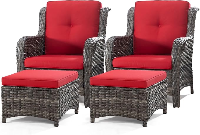4 Pieces Outdoor Patio Furniture Set Wicker Chairs Set of 2 with Two Ottomans for Backyard, Porch, Balcony(Mixed Grey/Red)